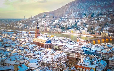 An aerial view over Heidelberg and Mannheim in winter